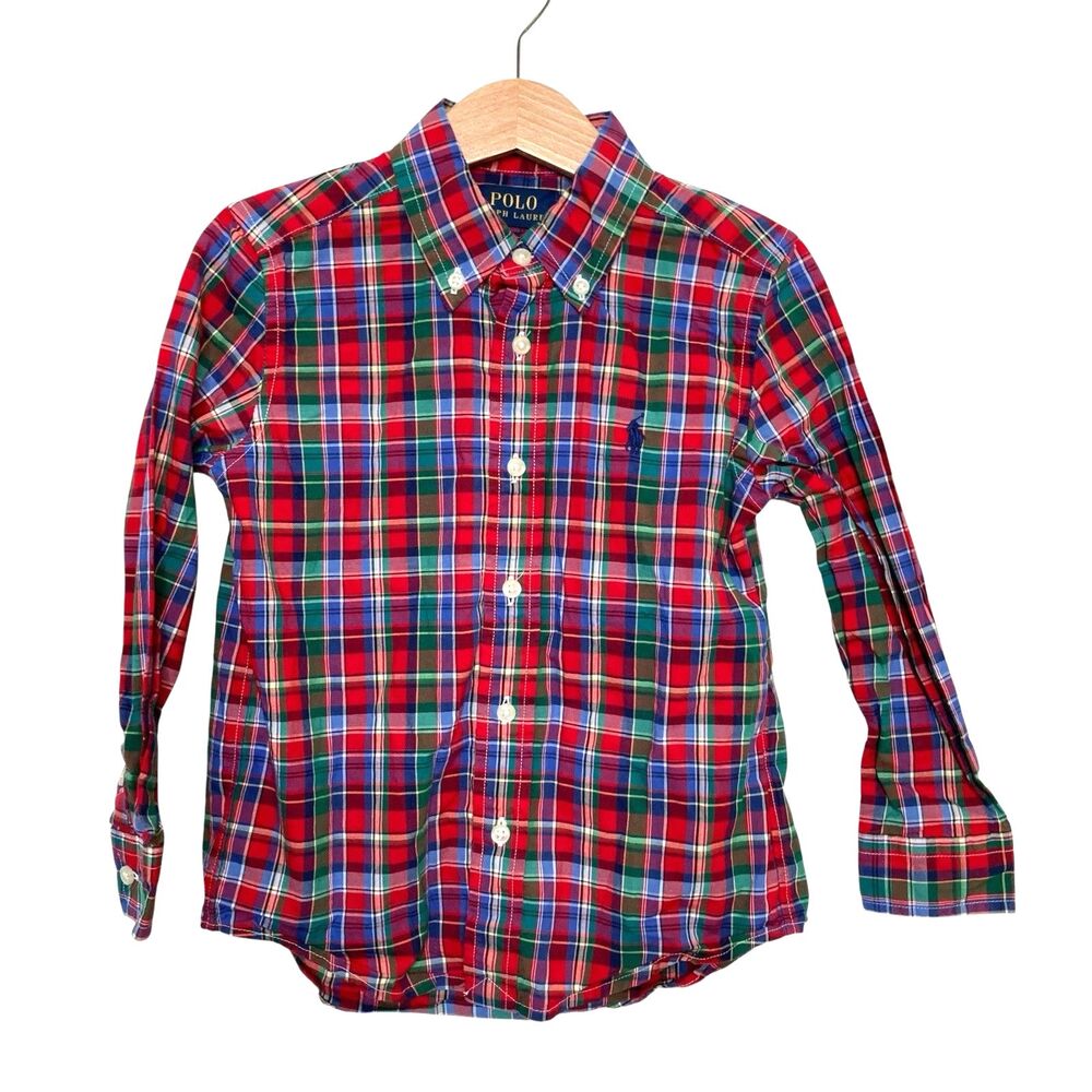 Ralph Lauren Shirt Button Down Red green Plaid Boys Size 4 LS Navy Pony Logo